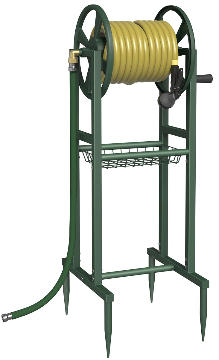 Ground Mount Garden Hose Reel Holds 125 Feet with Storage Rack E411