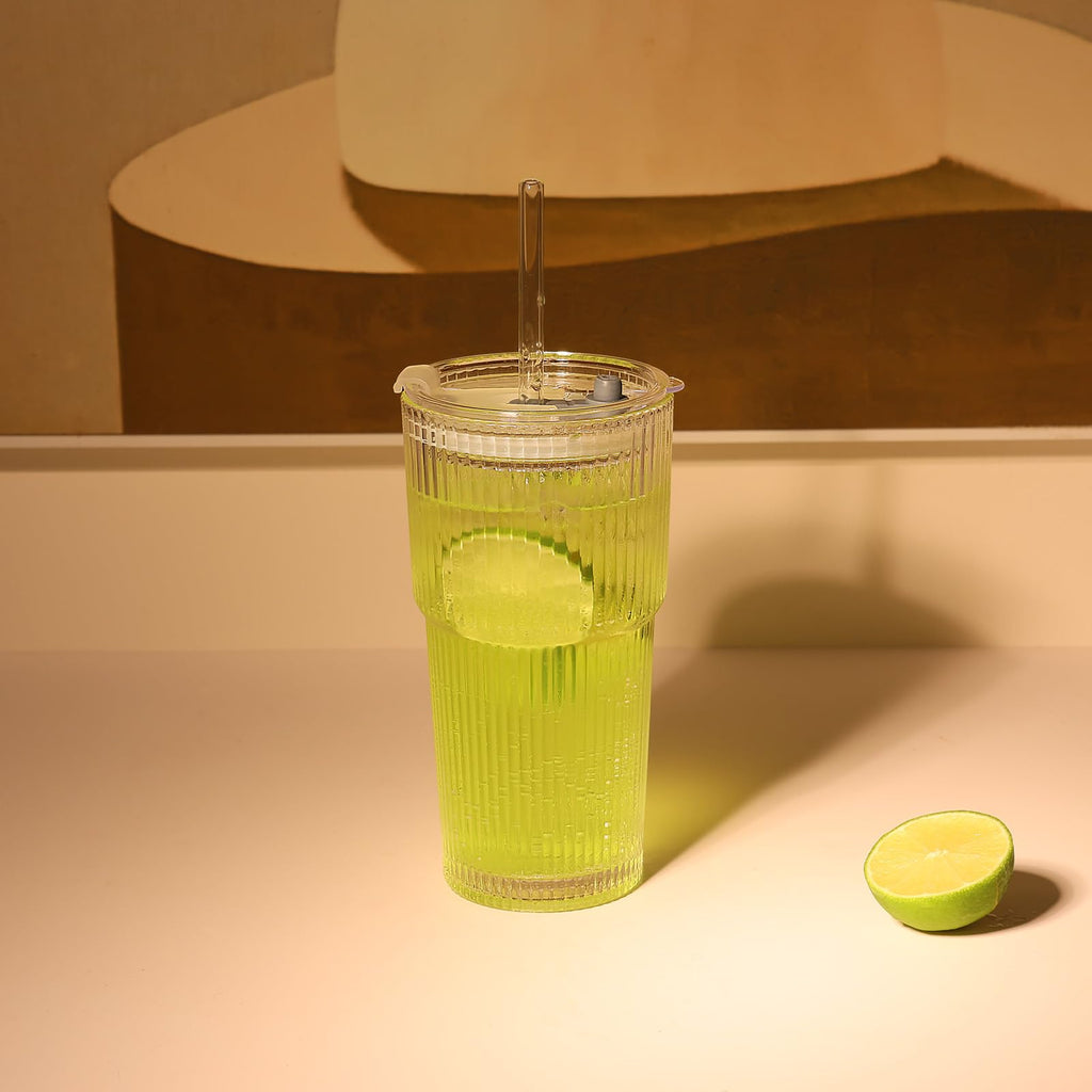 Set of 2 Ribbed Glass Tumbler with Lids and Straws T28063