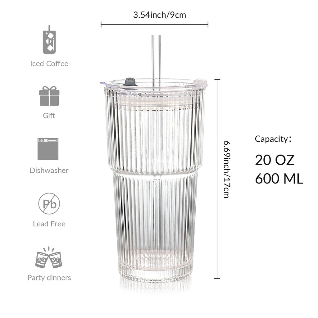 Set of 2 Ribbed Glass Tumbler with Lids and Straws T28063