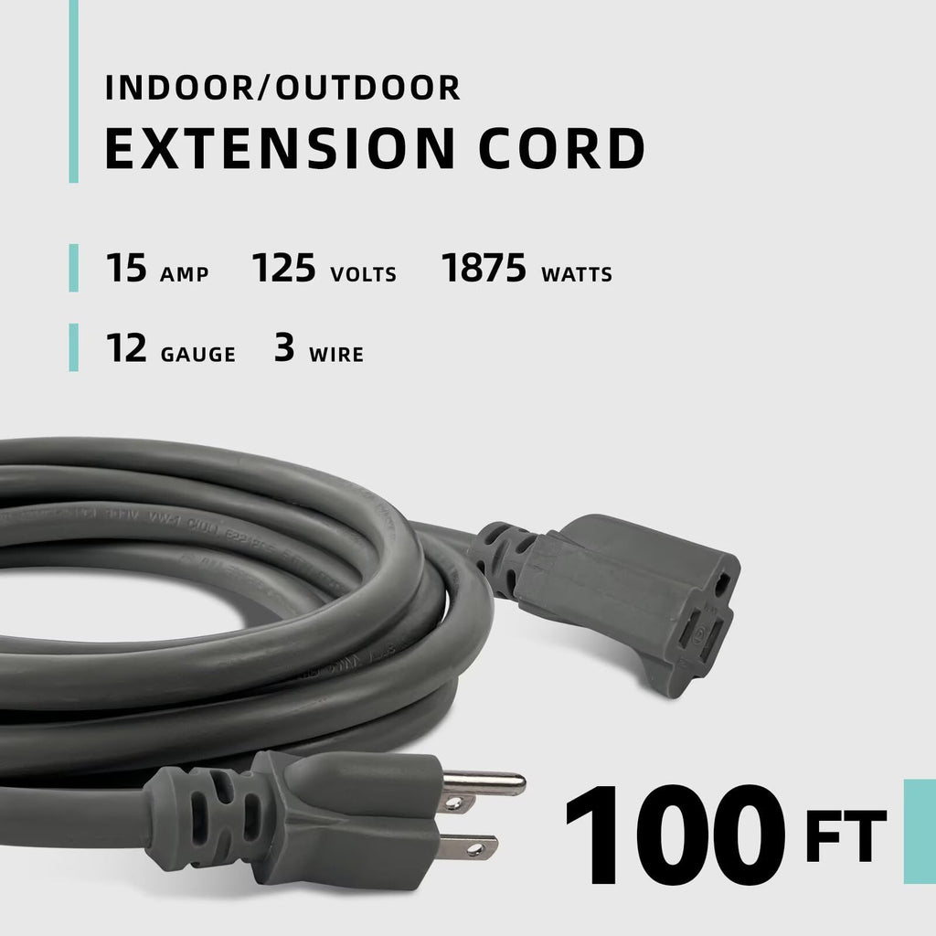 100ft Indoor Outdoor Extension Cord 12/3 SJTW Heavy Duty 15Amp 1875W Gray C7056