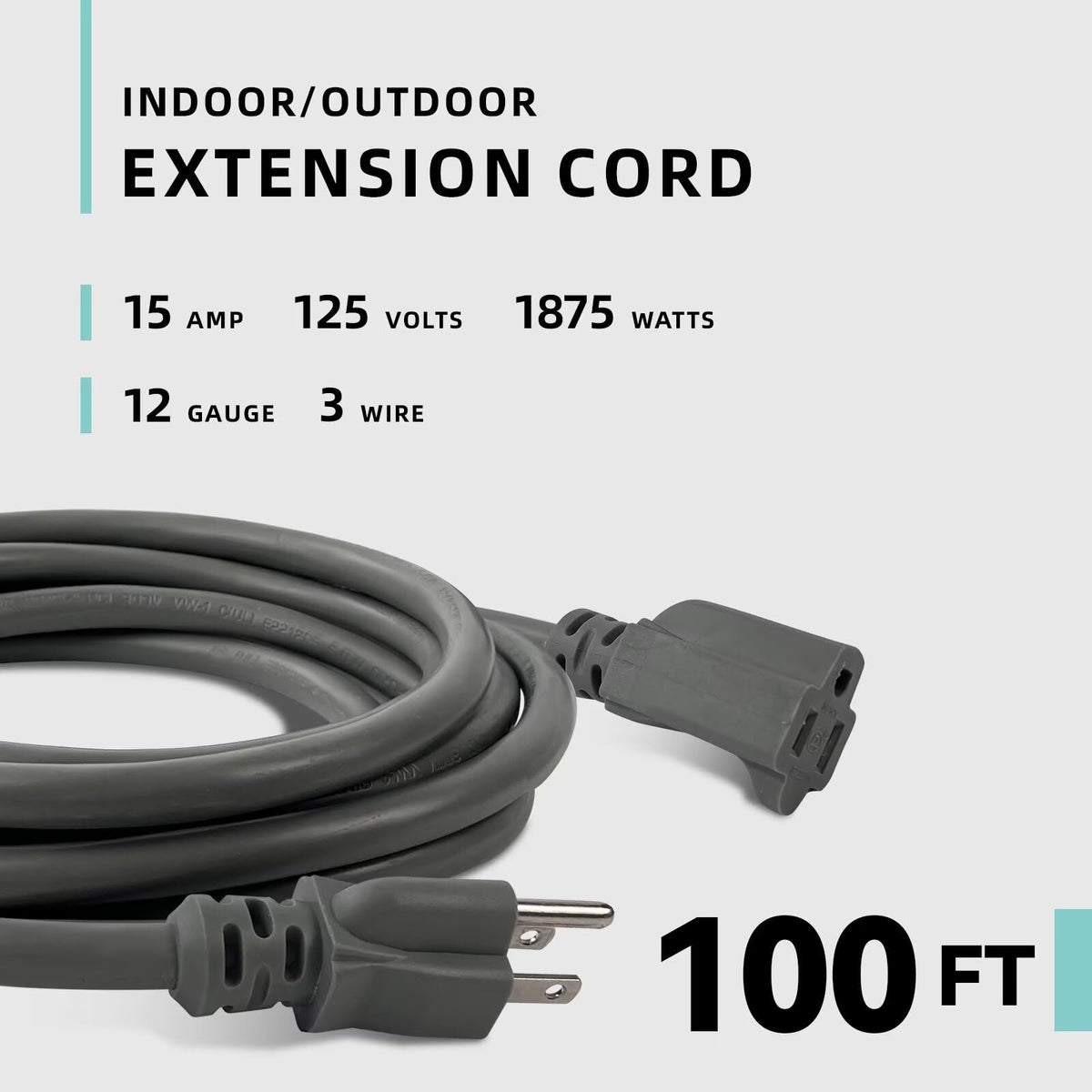 100ft Indoor Outdoor Extension Cord 12/3 SJTW Heavy Duty 15Amp 1875W Gray C7056