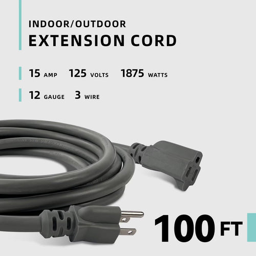 100ft Indoor Outdoor Extension Cord 12/3 SJTW Heavy Duty 15Amp 1875W Gray C7056
