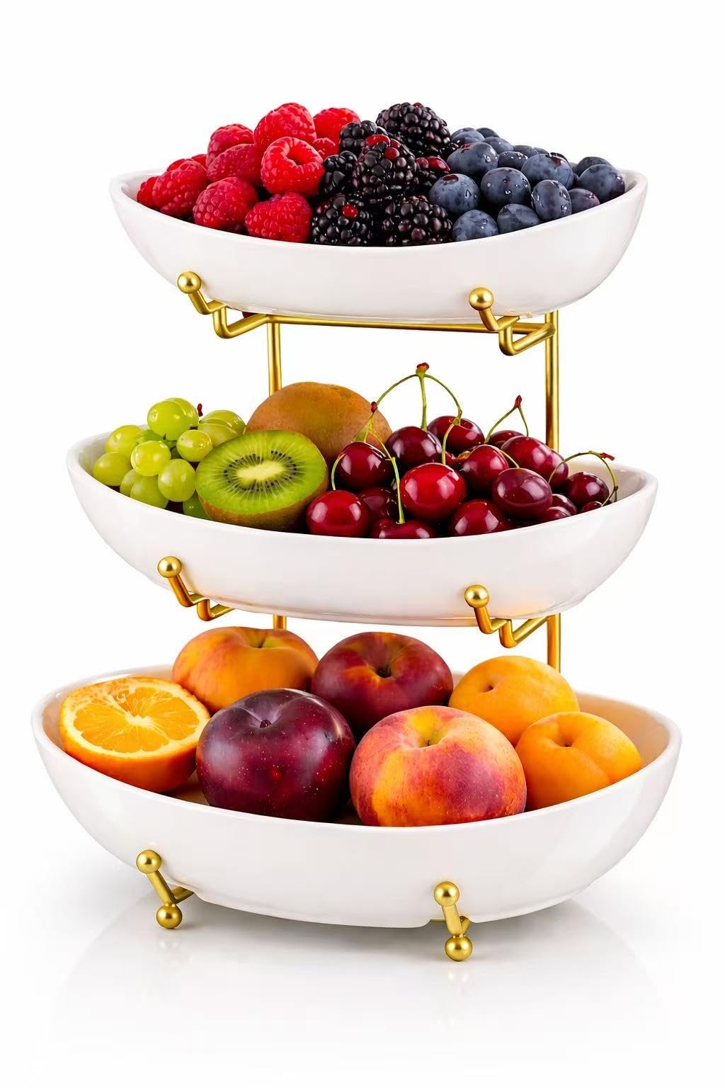 3 Tier Ceramic Fruit Basket with Gold Stand T598
