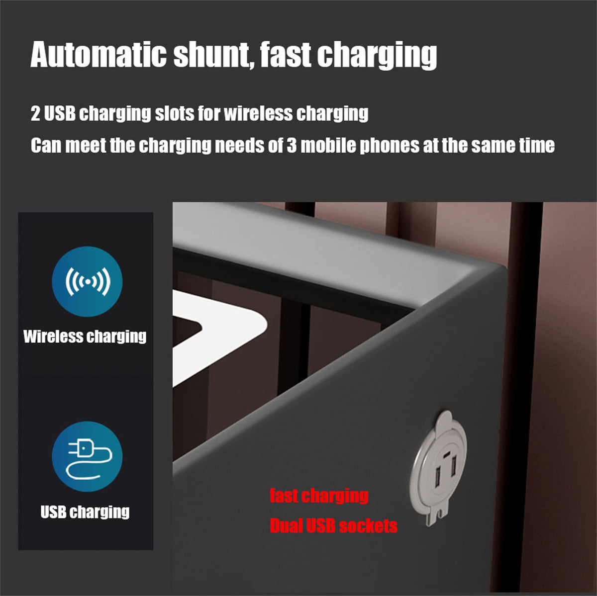 Gray Nightstand with Lock Drawer, Wireless Charging, USB Port and LED Lights O50599