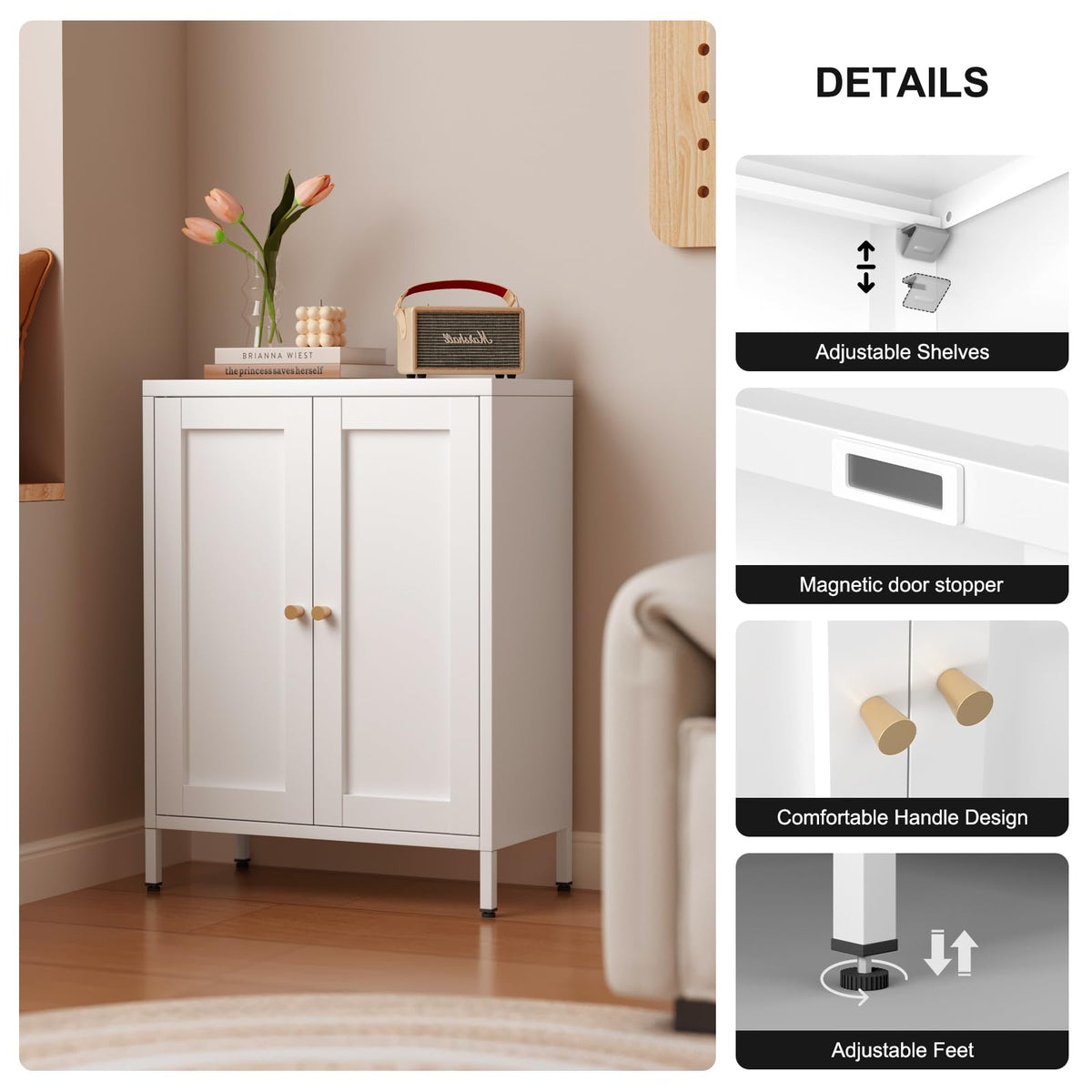 White Metal Bathroom Floor Storage Cabinet with 2 Doors B882991