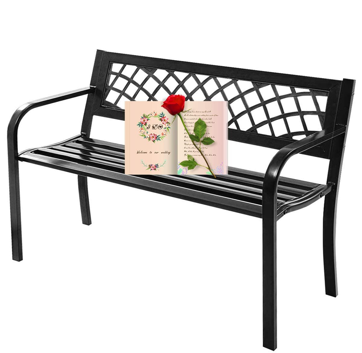 Black Metal Patio Bench with Armrest M311