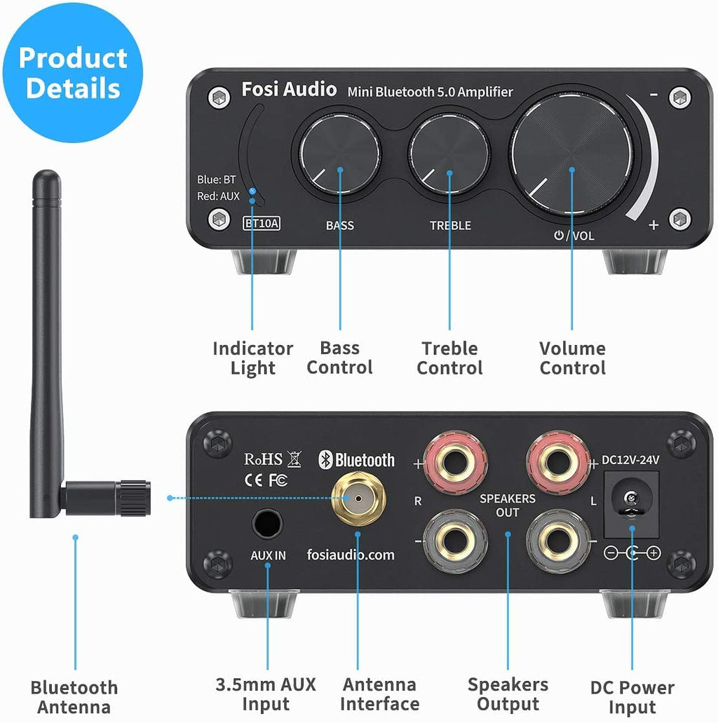Bluetooth 5.0 Stereo Audio Amplifier Receiver 2 Channel Class D Mini Hi-Fi Integrated Amp 50W x 2 A2352