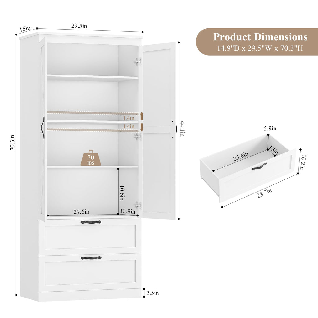 70" White Kitchen Pantry Storage Cabinet G6704