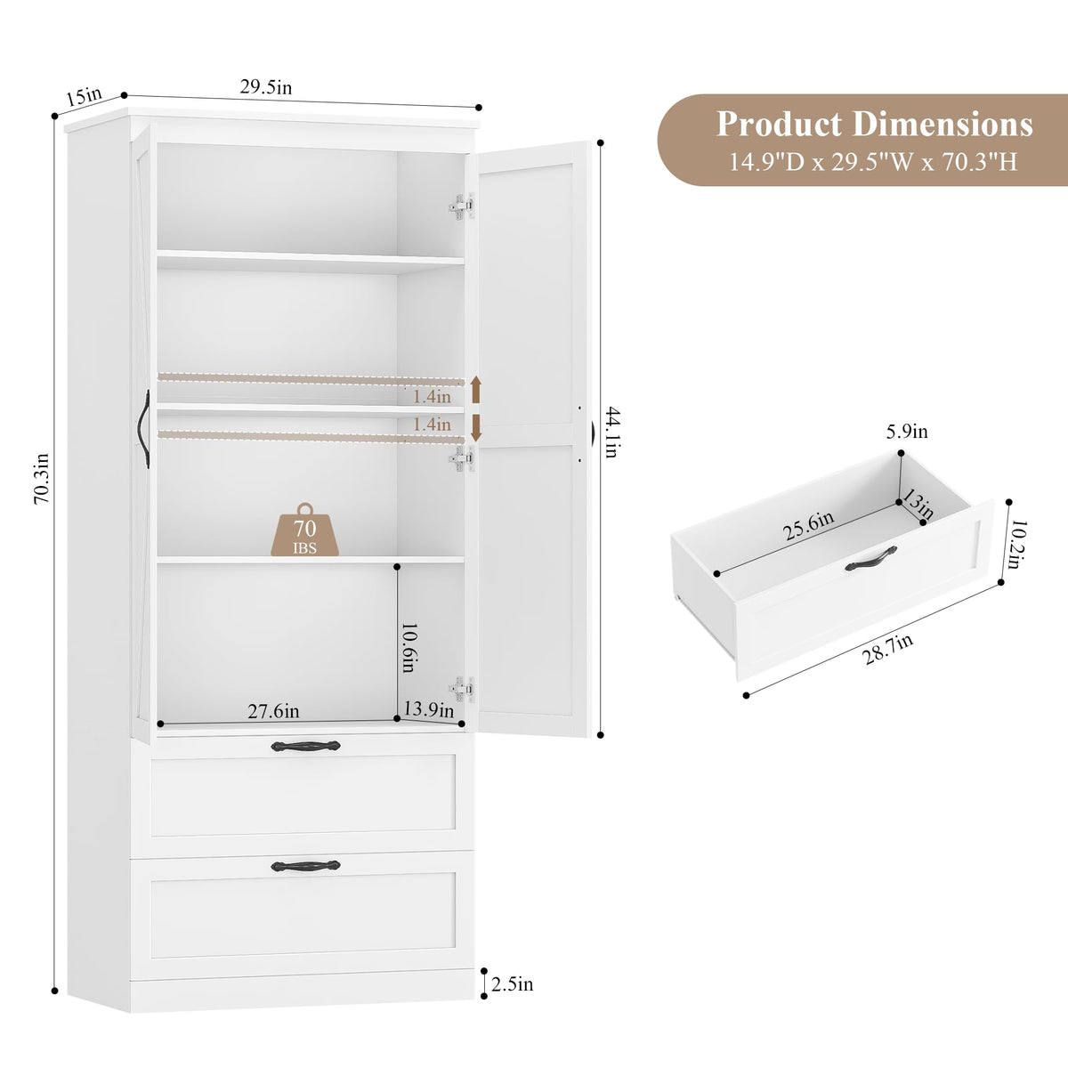 70" White Kitchen Pantry Storage Cabinet G6704