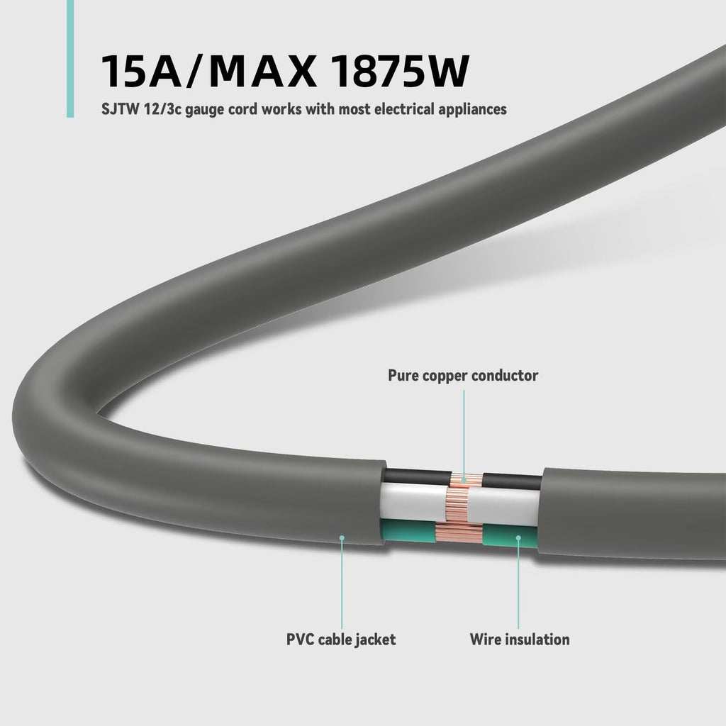 100ft Indoor Outdoor Extension Cord 12/3 SJTW Heavy Duty 15Amp 1875W Gray C7056