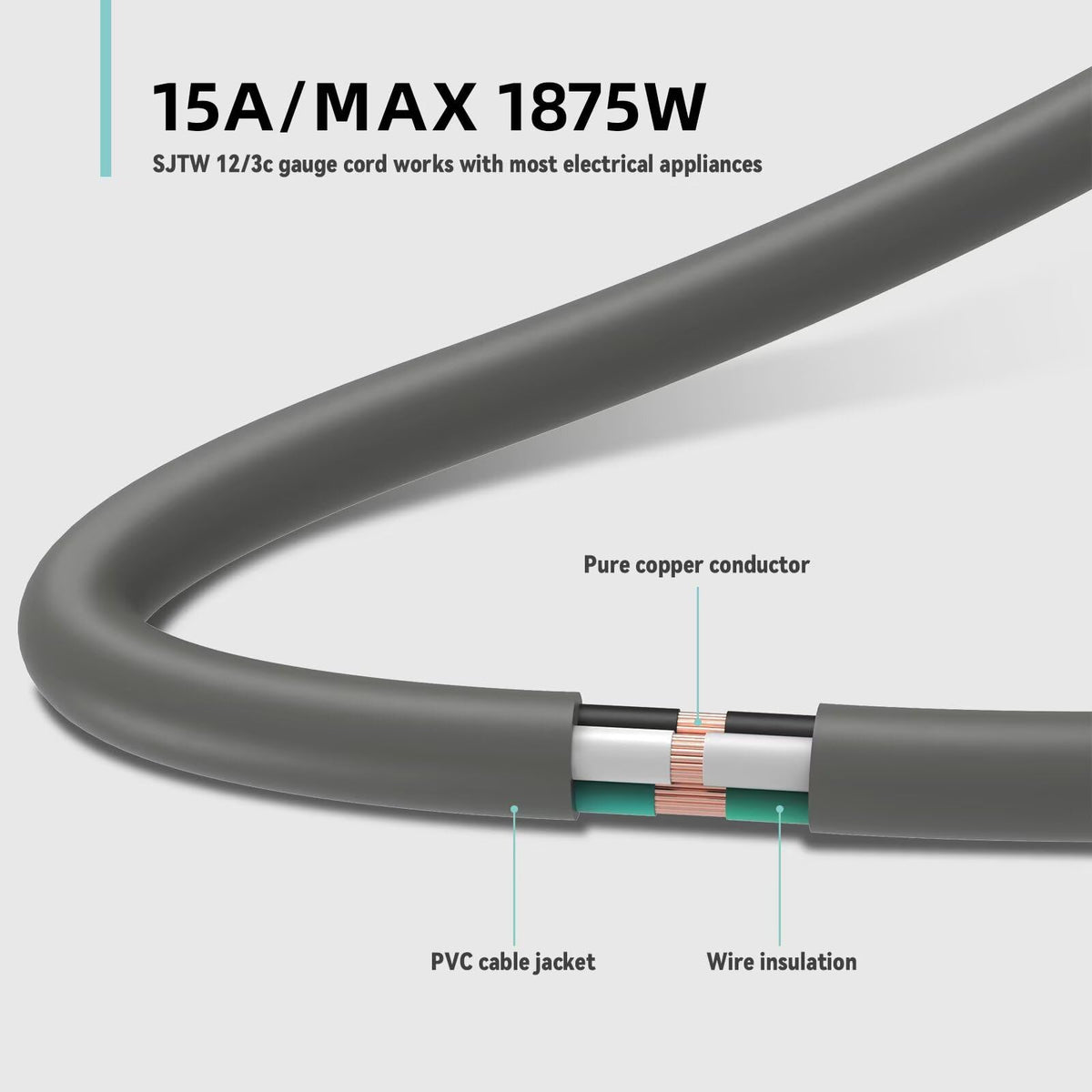 100ft Indoor Outdoor Extension Cord 12/3 SJTW Heavy Duty 15Amp 1875W Gray C7056