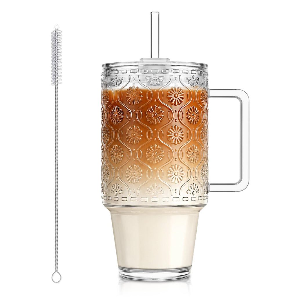 24 Oz Ribbed Glass Tumblers with Lids and Straws W678