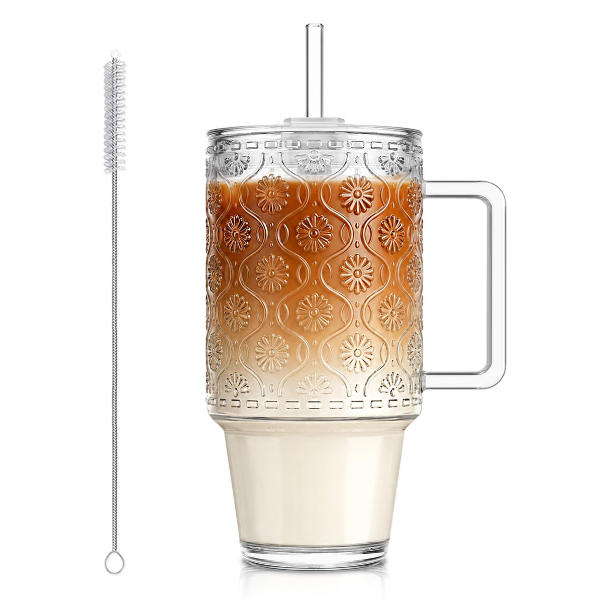 24 Oz Ribbed Glass Tumblers with Lids and Straws W678