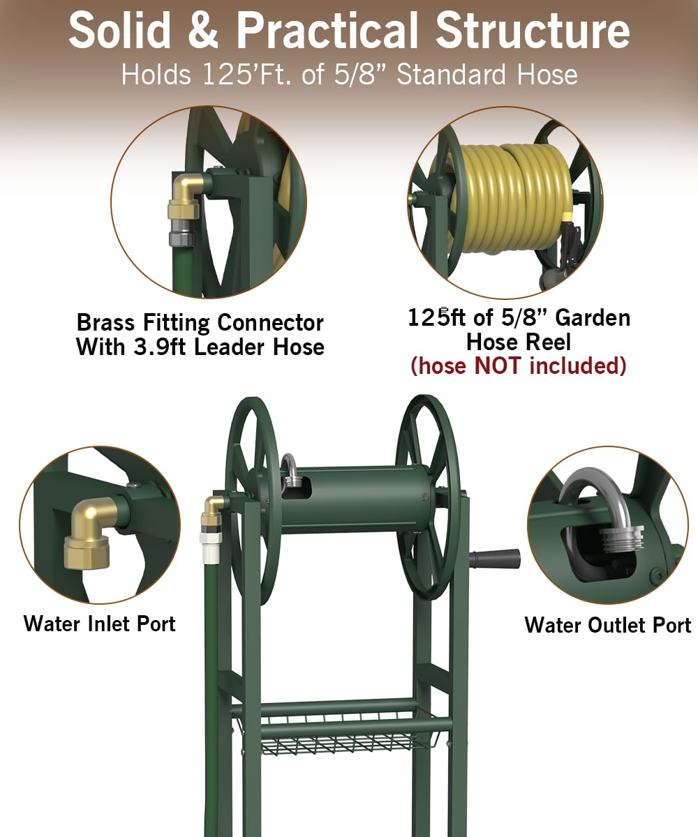 Ground Mount Garden Hose Reel Holds 125 Feet with Storage Rack E411