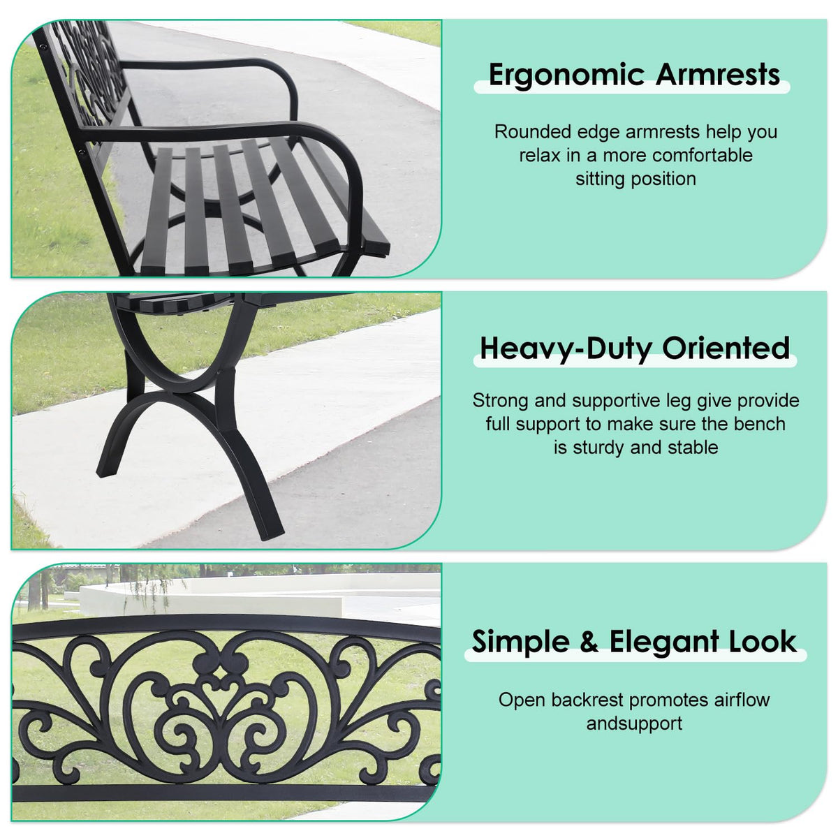 50" Outdoor Garden Bench Black 485lbs Load Capacity A1868