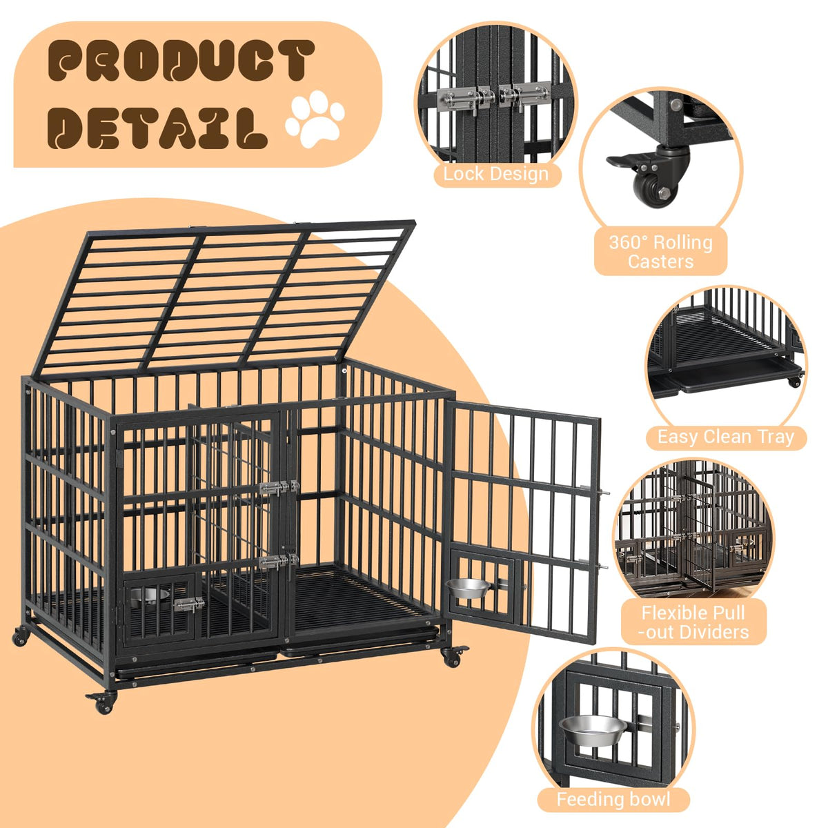 42 inch Heavy Duty Metal Dog Crate with Removable Tray and Wheels O1547