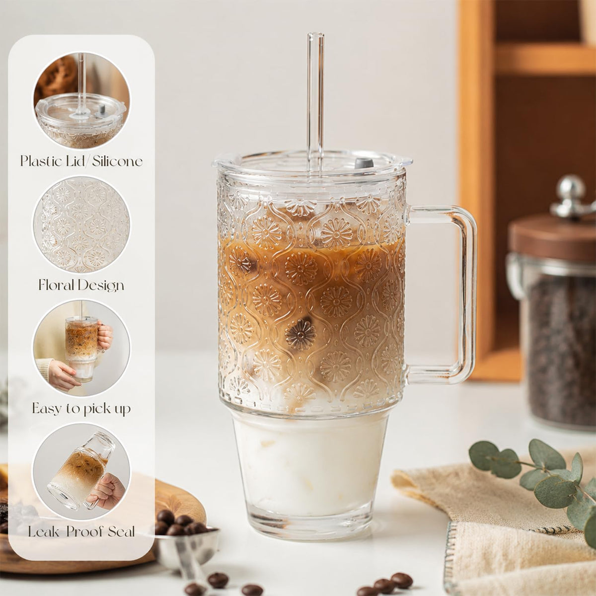 24 Oz Ribbed Glass Tumblers with Lids and Straws W678