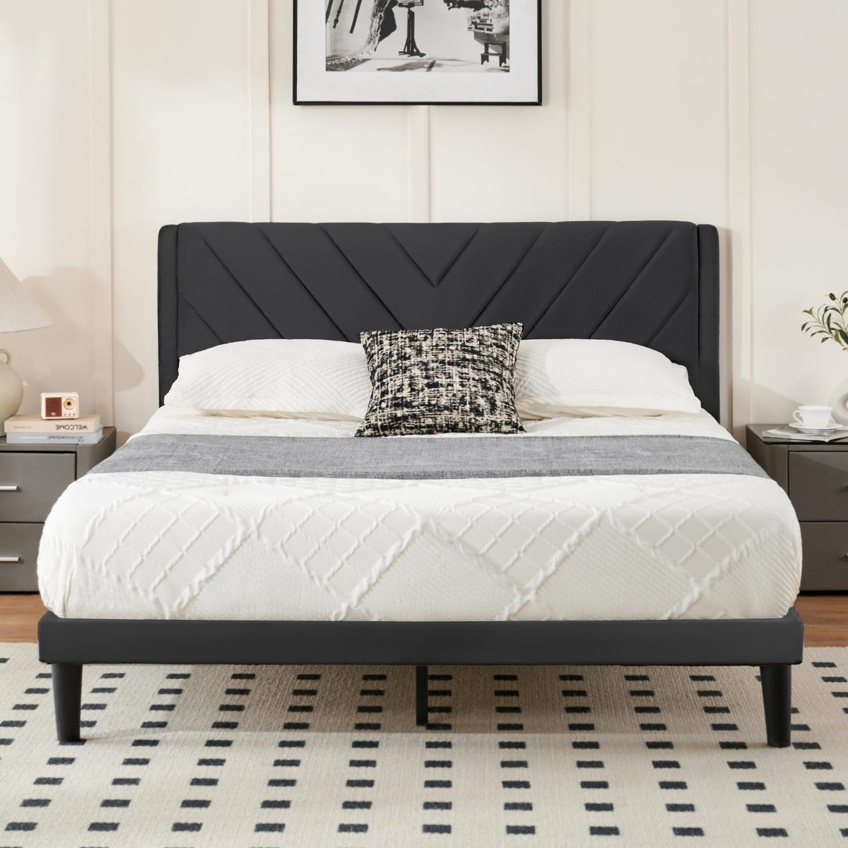 Queen Size Velvet Platform Bed Frame with Headboard L2006
