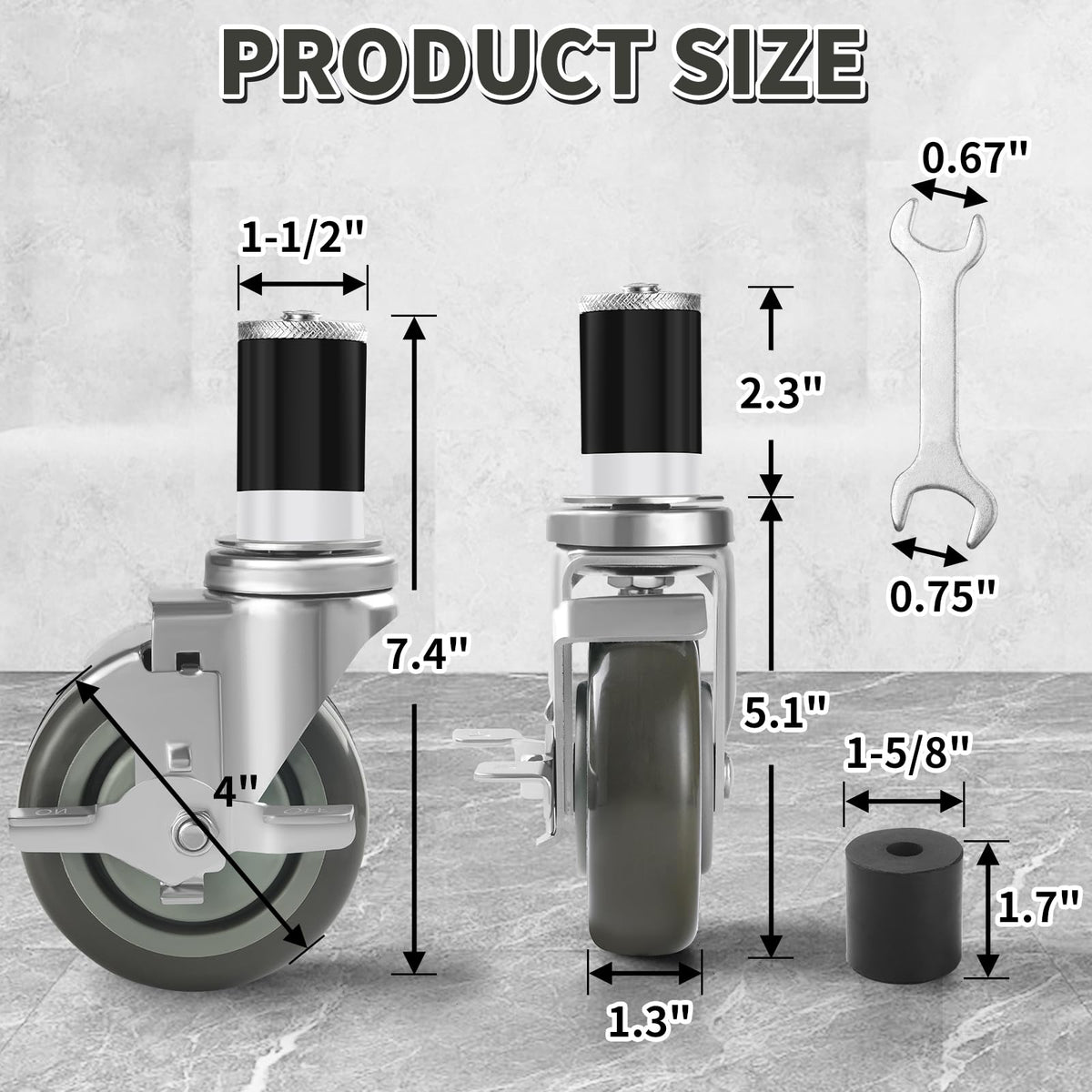 4 Inches Stem Caster Set of 4 with Side Brake V258