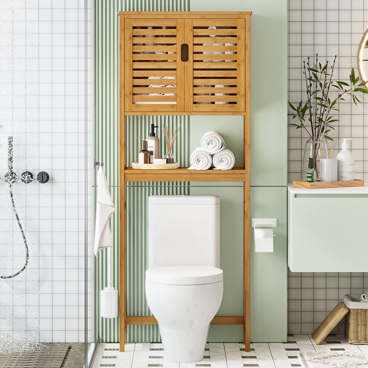 Over The Toilet Storage Cabinet with Adjustable Shelves Bamboo M1295