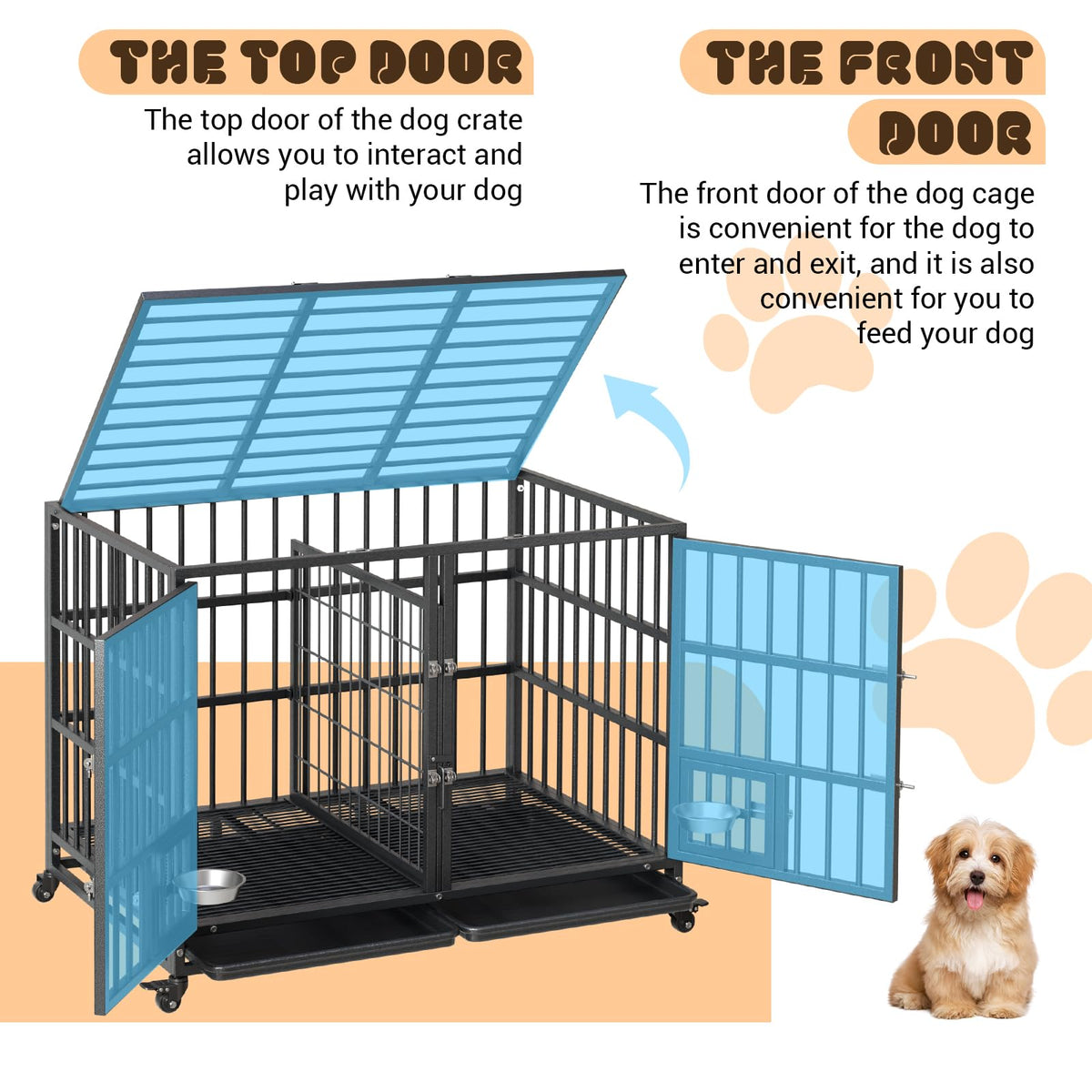 42 inch Heavy Duty Metal Dog Crate with Removable Tray and Wheels O1547