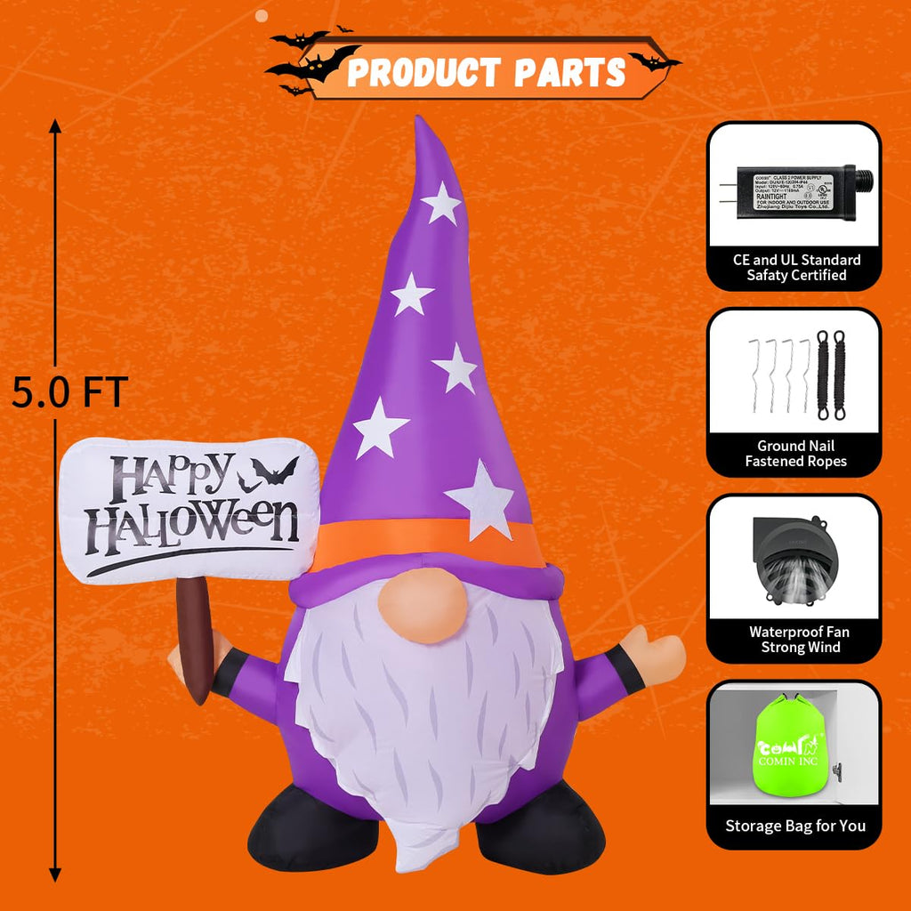 5FT Halloween Inflatable Gnome Yard Decor with LEDs R6786