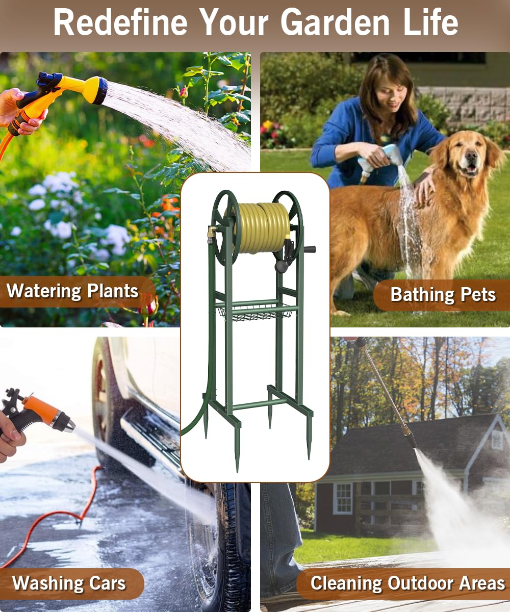 Ground Mount Garden Hose Reel Holds 125 Feet with Storage Rack E411