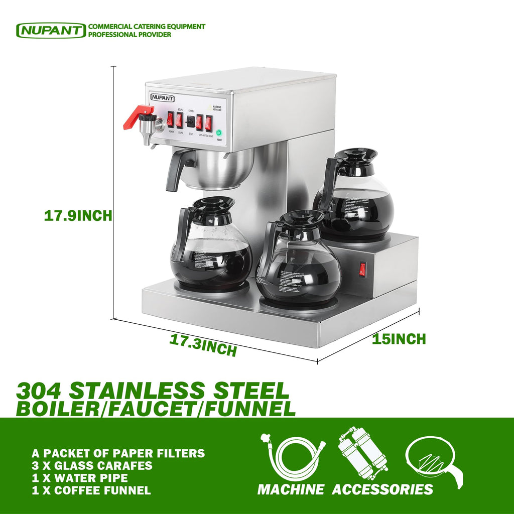12 Cup Commercial Drip Coffee Maker with 3 Carafes Stainless Steel O5495