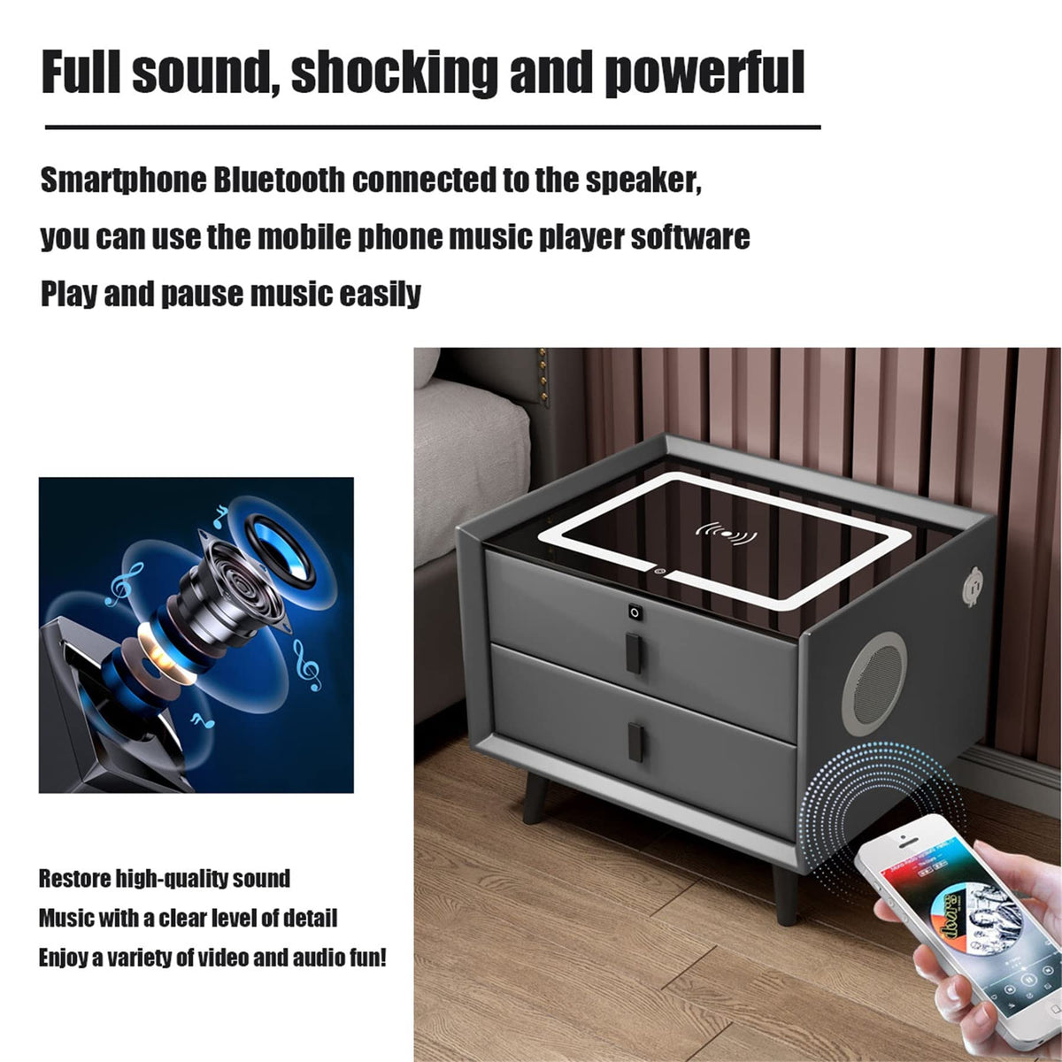 Gray Nightstand with Lock Drawer, Wireless Charging, USB Port and LED Lights O50599