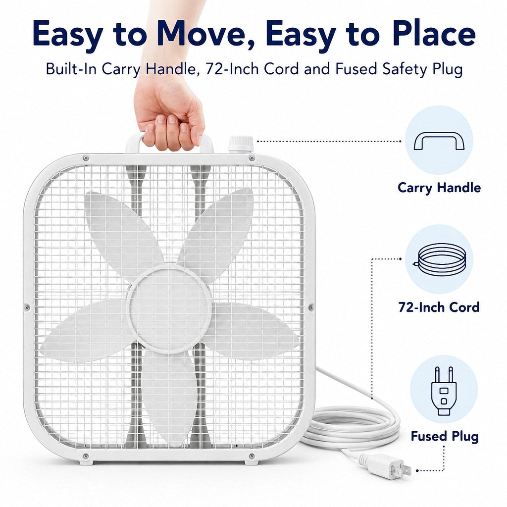 20 Inch Portable Box Fan with 3 Speeds, White V61087