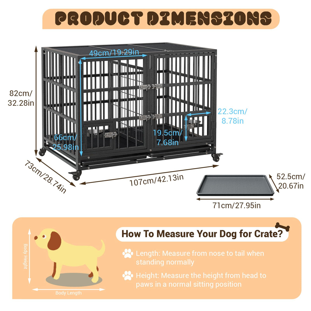 42 inch Heavy Duty Metal Dog Crate with Removable Tray and Wheels O1547