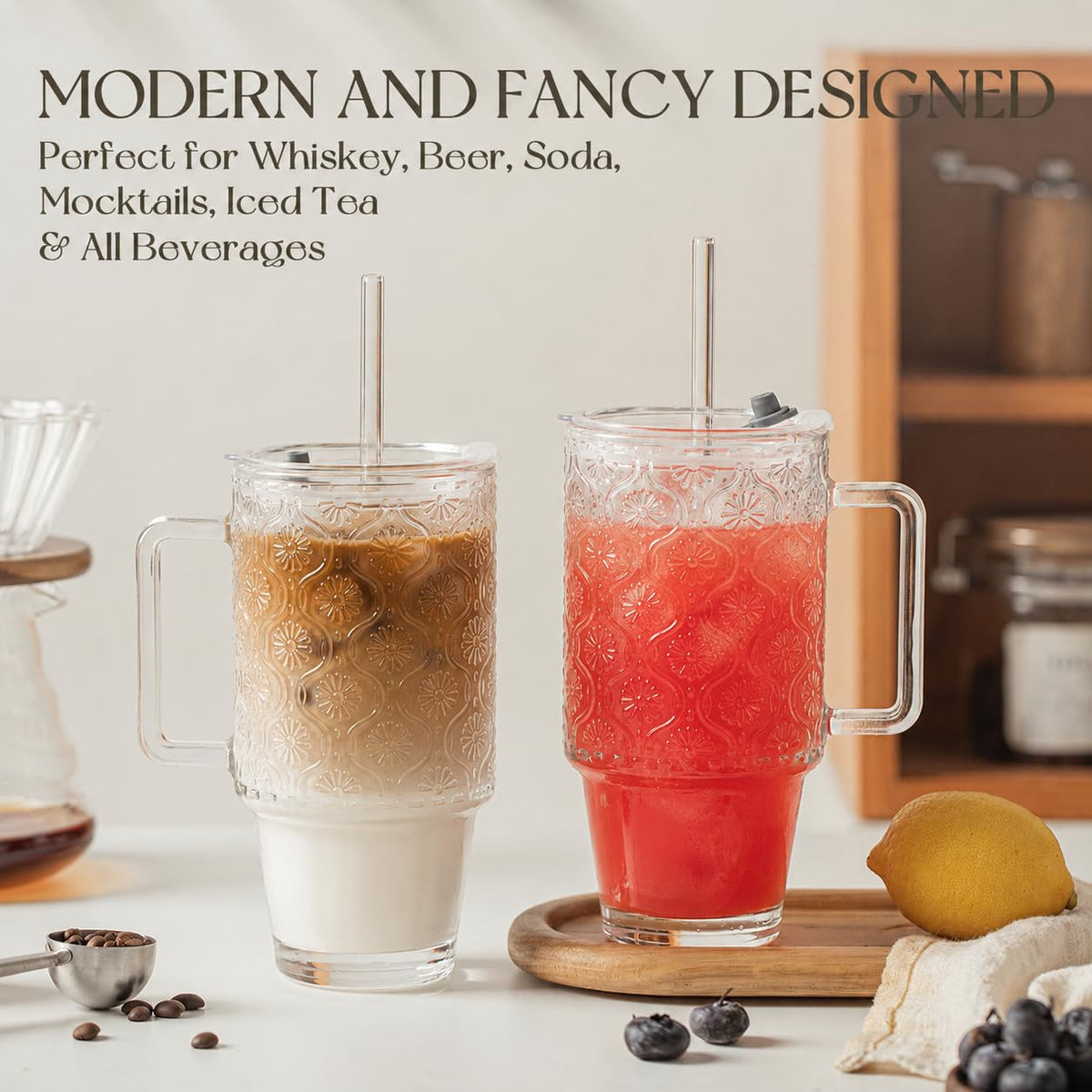 24 Oz Ribbed Glass Tumblers with Lids and Straws W678