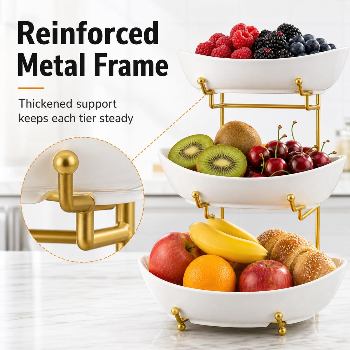 3 Tier Ceramic Fruit Basket with Gold Stand T598