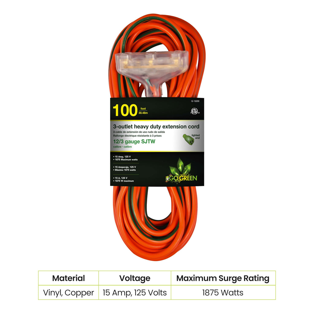 100ft Heavy Duty 3-Outlet Extension Cord J91332