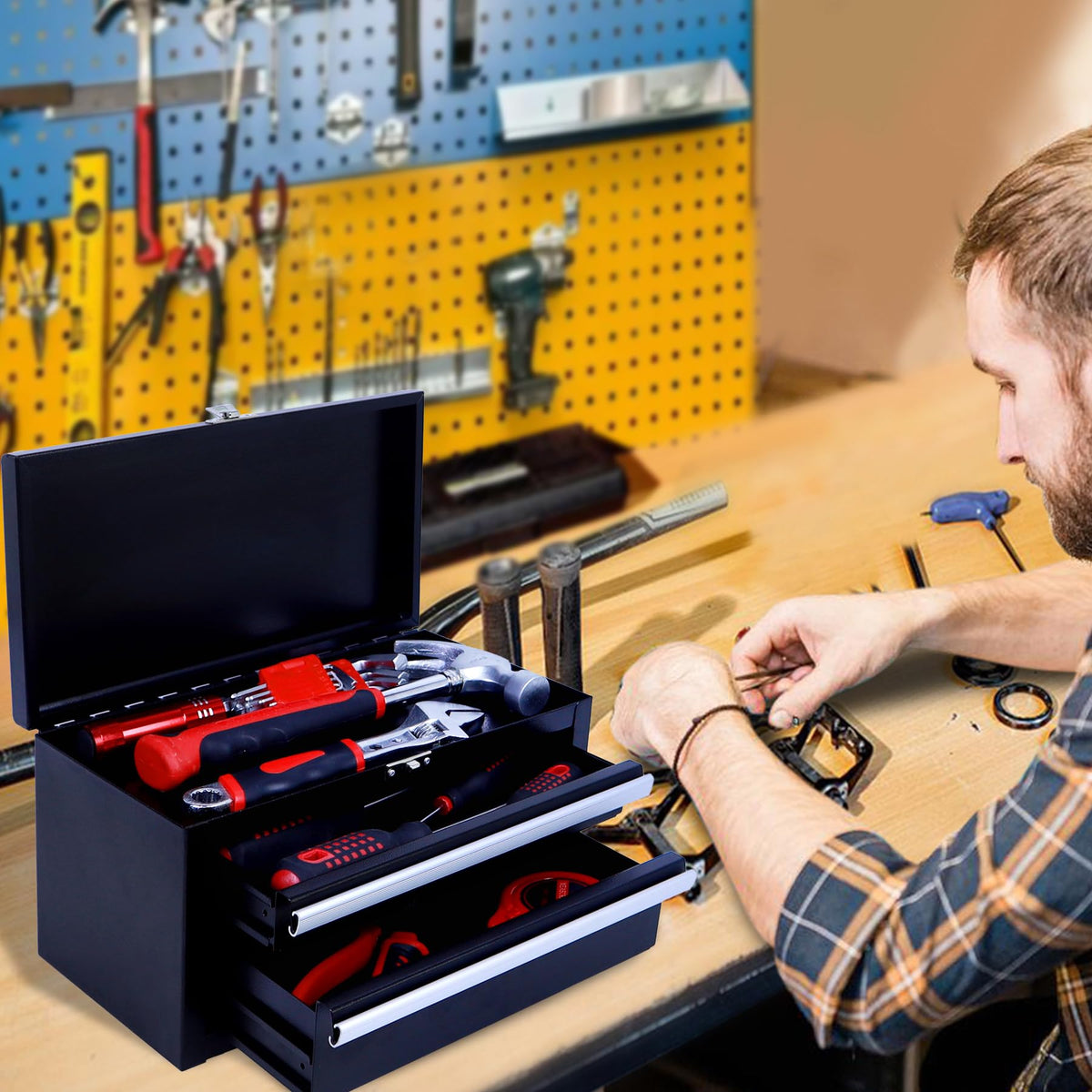 Black Mini Metal Tool Box with Drawers R560086