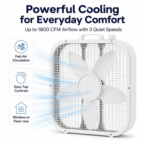 20 Inch Portable Box Fan with 3 Speeds, White V61087