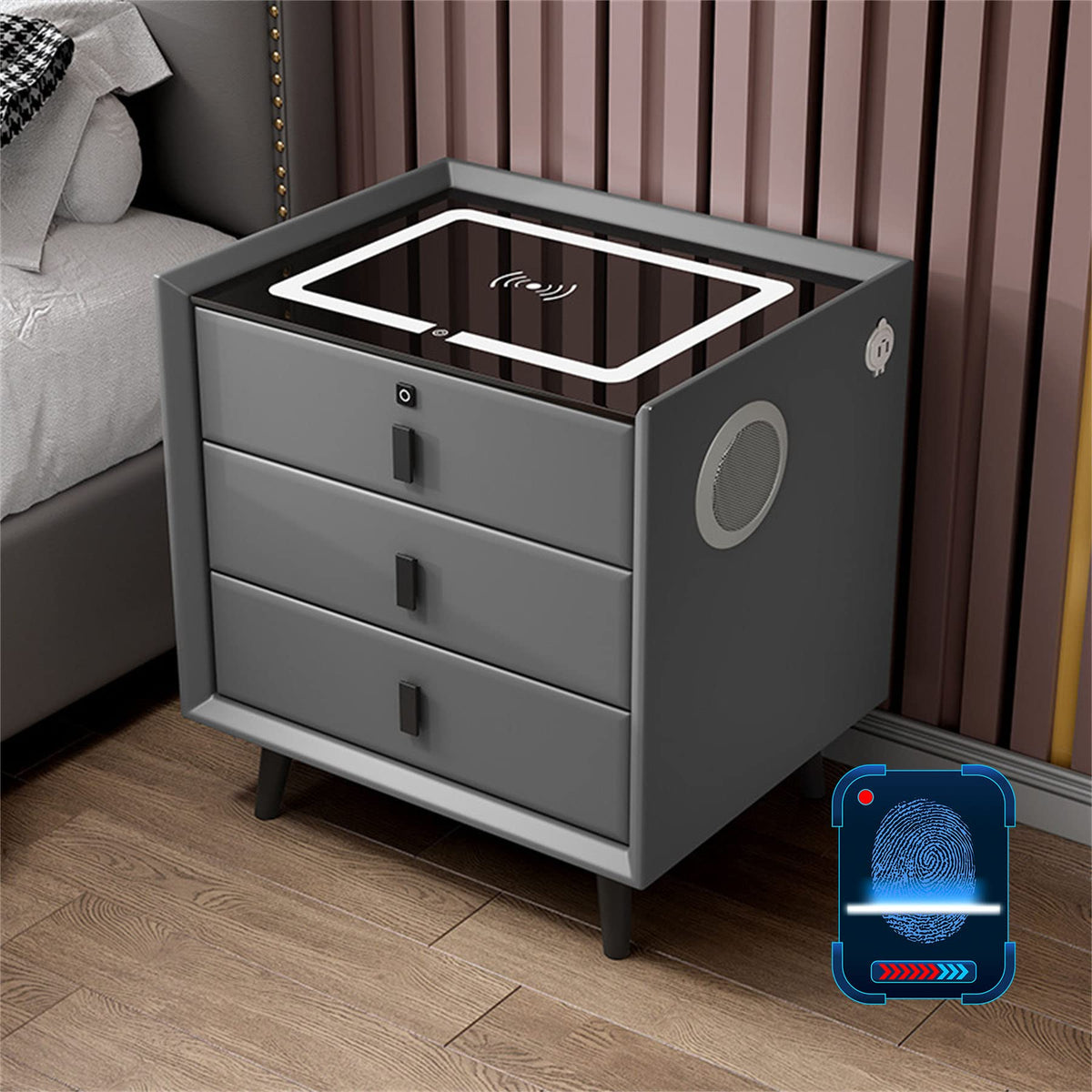 Gray Nightstand with Lock Drawer, Wireless Charging, USB Port and LED Lights O50599