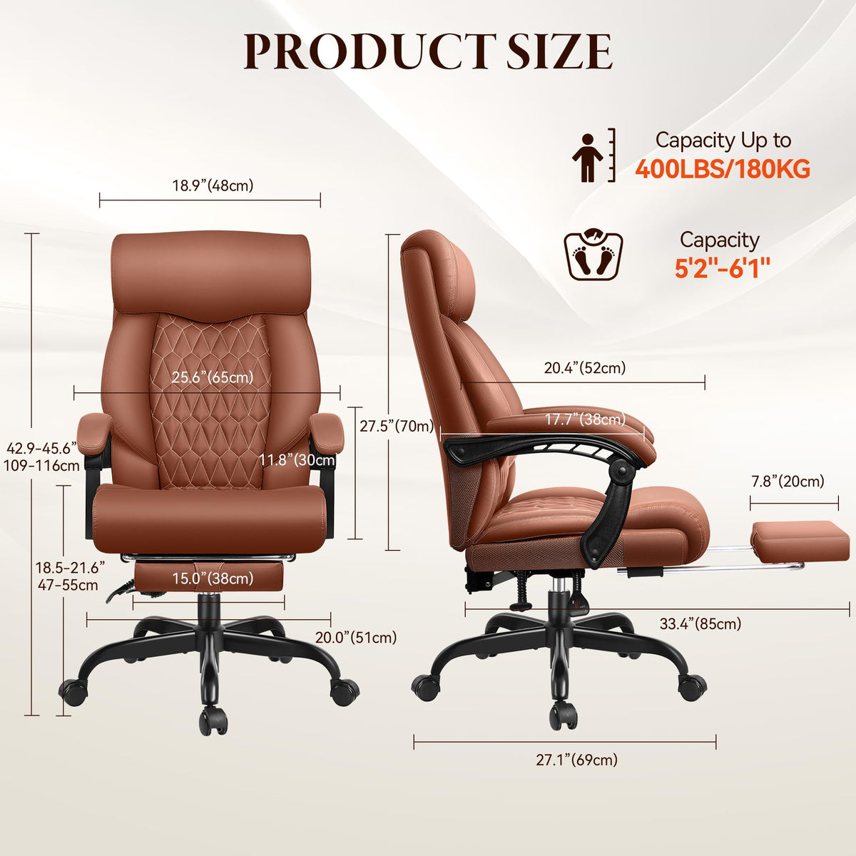 Big and Tall Brown Leather Office Chair with Footrest G378778