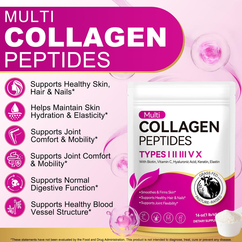 Multi Collagen Peptides Powder Types I II III V X 16 Oz Hydrolyzed with Biotin Unflavored V56465