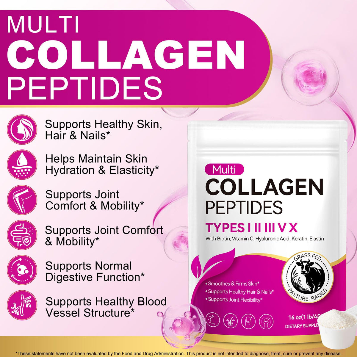 Multi Collagen Peptides Powder Types I II III V X 16 Oz Hydrolyzed with Biotin Unflavored V56465