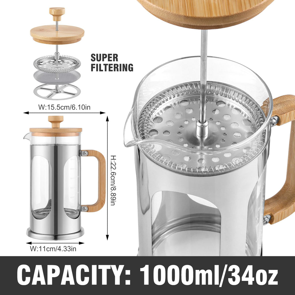 34 oz Borosilicate Glass French Press Coffee Maker E2716