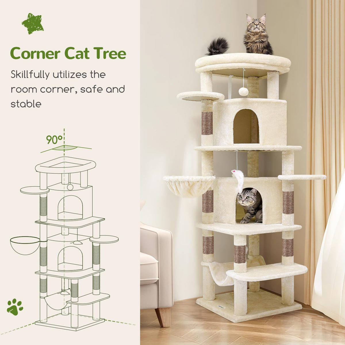 Beige 66inch Corner Cat Tree Tower L384