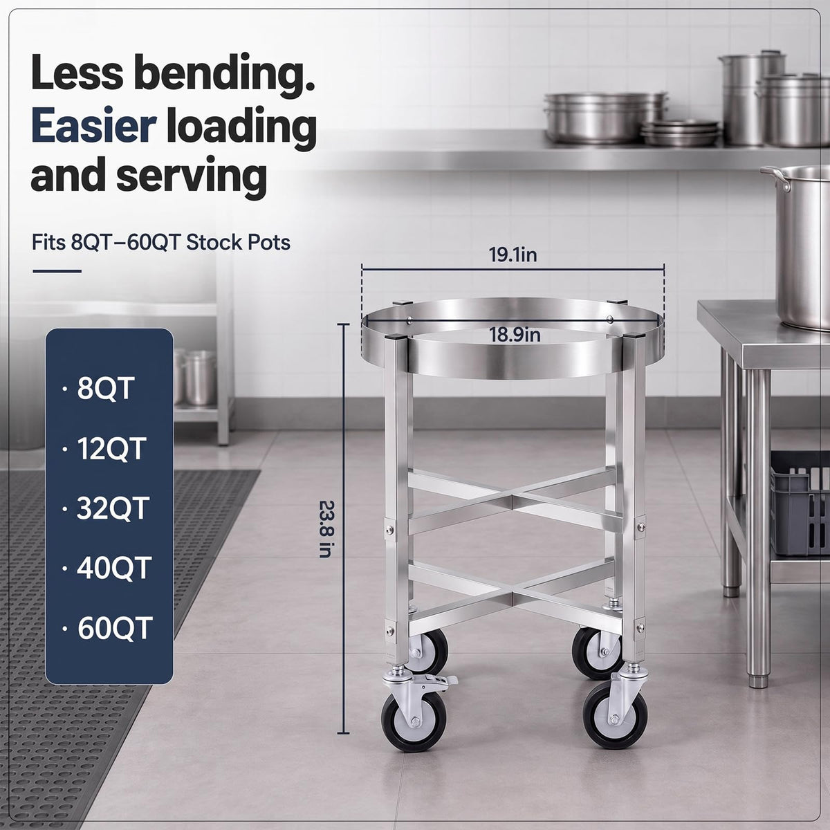 23.8 Inch Stainless Steel Stock Pot Dolly with Locking Casters F152