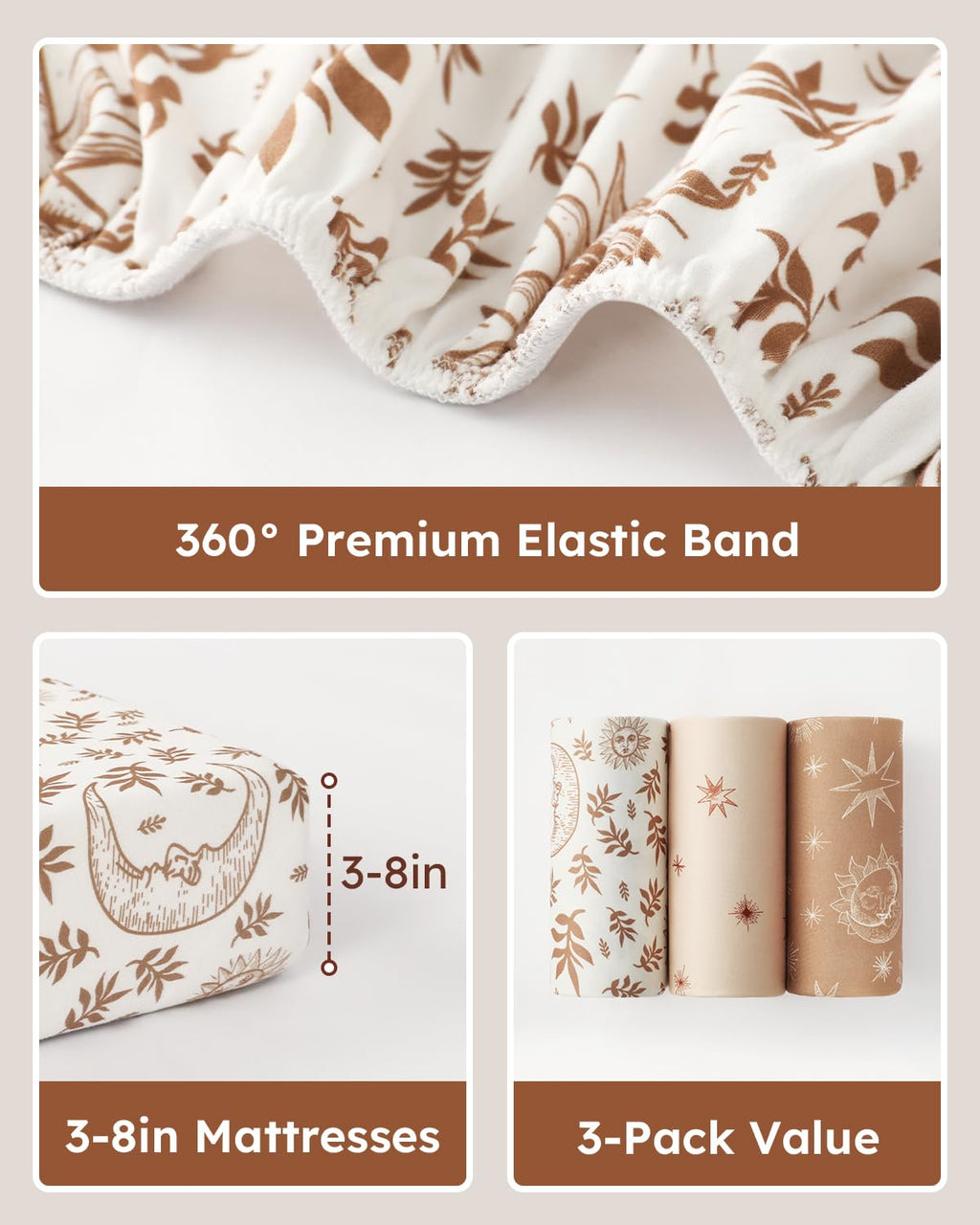28x52x8in Fitted Crib Sheet 3 Pack Microfiber White Brown H612