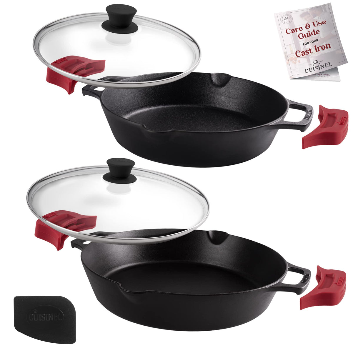 Cast Iron Skillet Set 10" + 12" Dual Handle Frying Pans with Glass Lids Pre-seasoned Oven Safe Cookware U63048