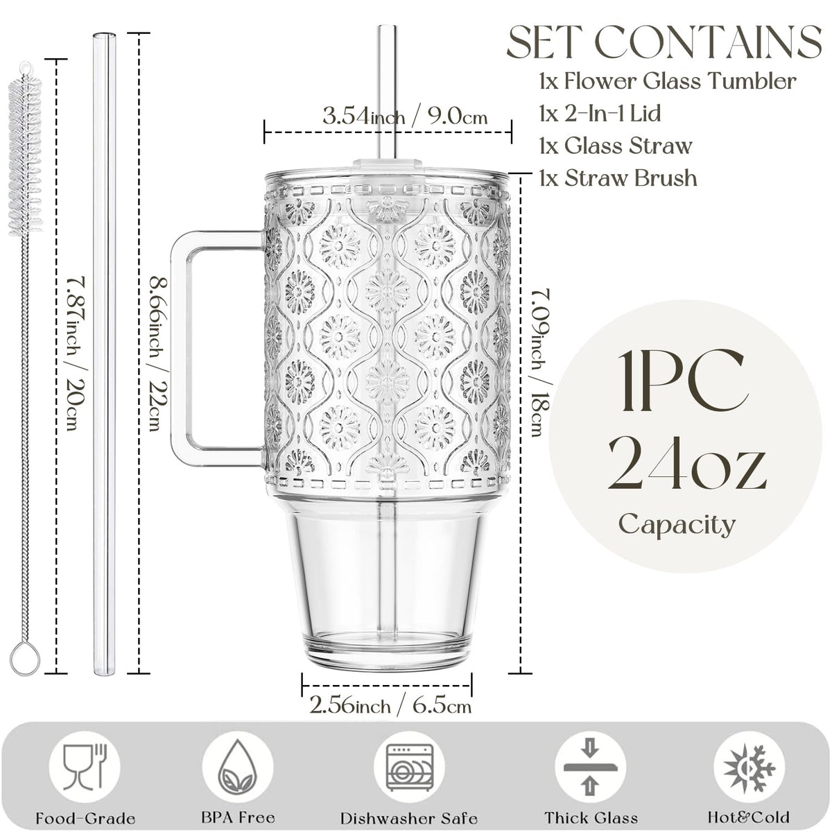 24 Oz Ribbed Glass Tumblers with Lids and Straws W678
