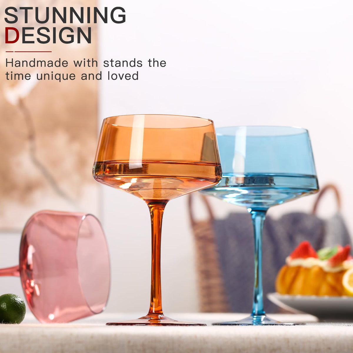 Hand Blown Colored Coupe Glasses Set of 6 J4328