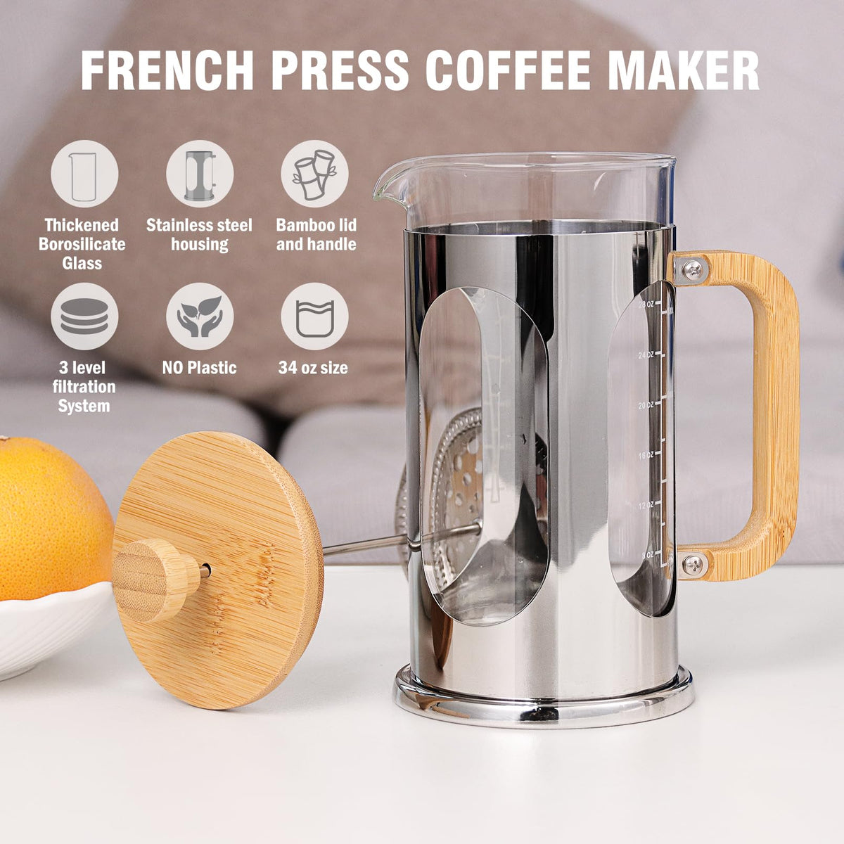 34 oz Borosilicate Glass French Press Coffee Maker E2716