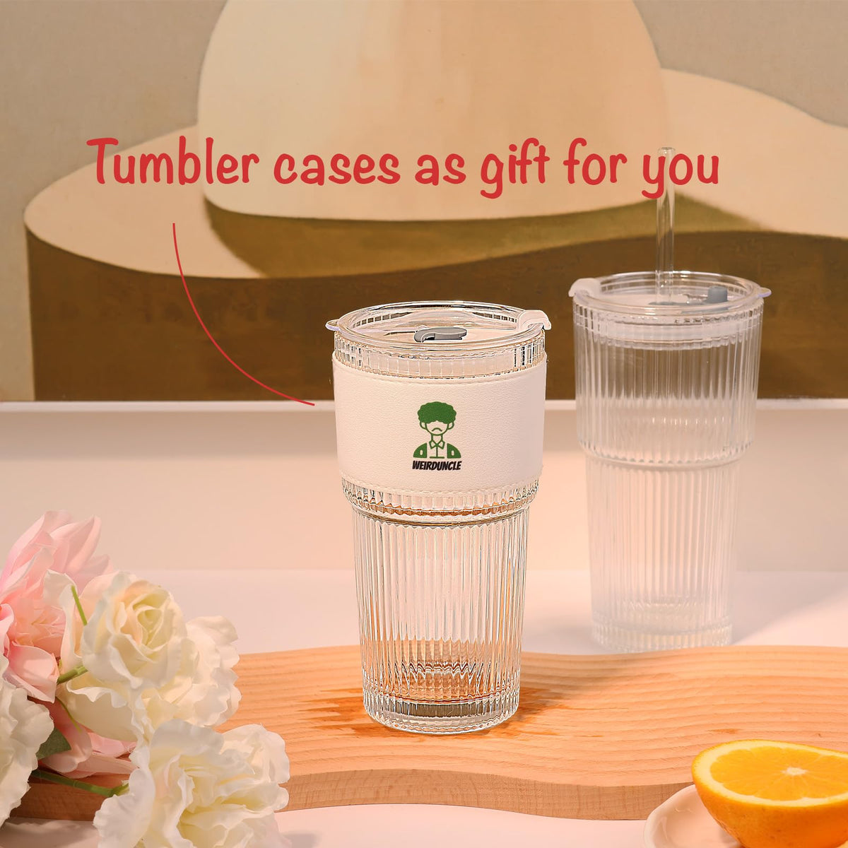 Set of 2 Ribbed Glass Tumbler with Lids and Straws T28063