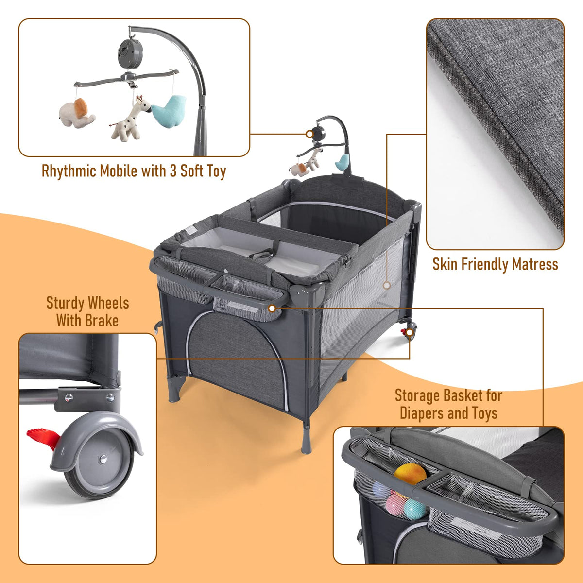 5-in-1 Baby Bassinet Bedside Sleeper Playard U546
